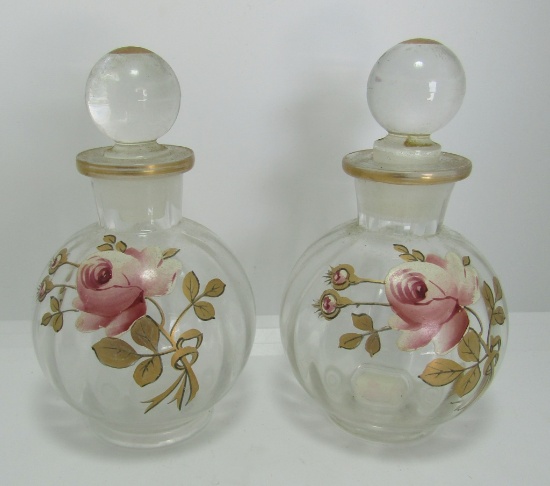 2 PAINTED GLASS PERFUME BOTTLES VANITY JARS