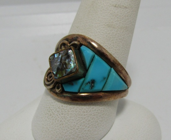 ABALONE TURQUOISE COBBLESTONE GOLD & STERLING RING