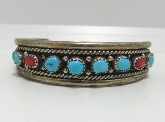 SIGNED RMJ RED CORAL TURQUOISE STERLING BRACELET