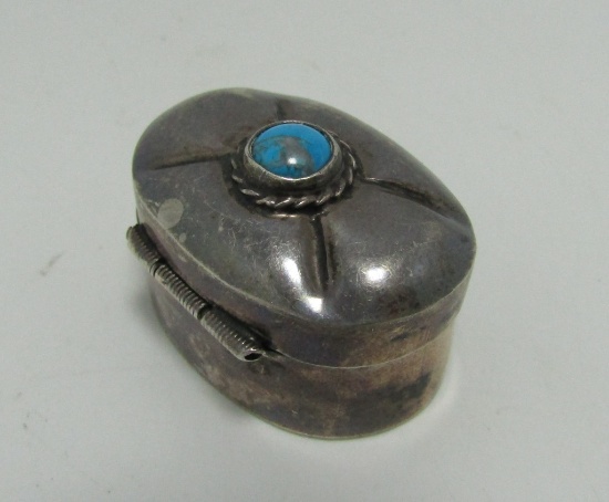 SIGNED TAXCO VINTAGE TURQUOISE STERLING PILL BOX