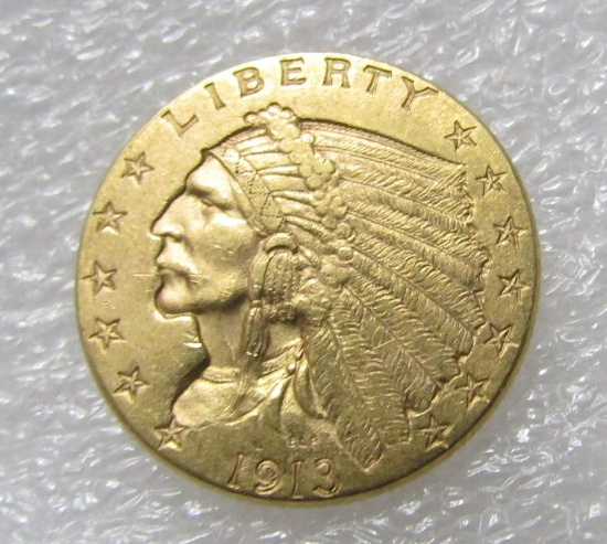 1913 GOLD 2 1/2 DOLLAR QUARTER EAGLE INDIAN COIN.