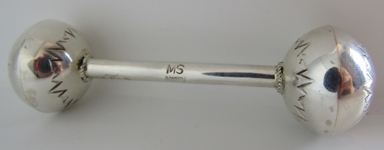 SIGNED MS BABY RATTLE STERLING SILVER HAND STAMPED