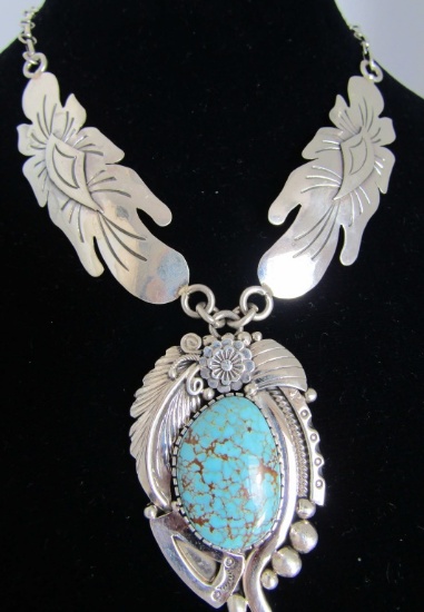 TURQUOISE SQUASH BLOSSOM NECKLACE STERLING SILVER