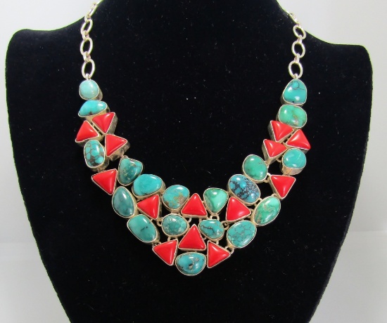 RED CORAL TURQUOISE STERLING SILVER NECKLACE