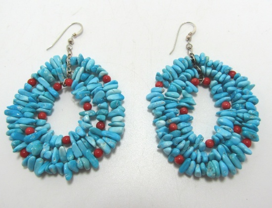 TURQUOISE RED CORAL THREE STRAND STERLING EARRINGS