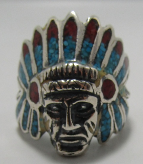 CHIEF TURQUOISE RING STERLING SILVER CORAL