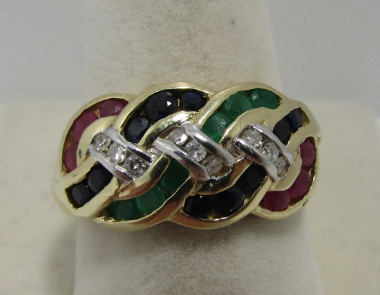 RUBY EMERALD SAPPHIRE DIAMOND RING 14K GOLD