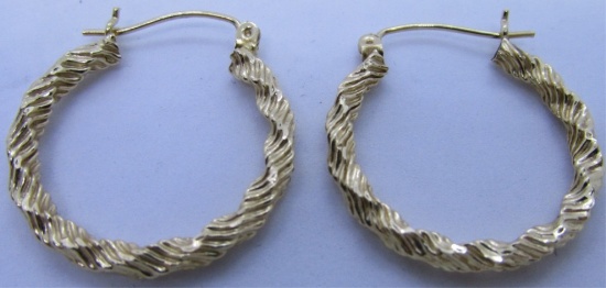 14K GOLD TWISTED HOOP EARRINGS DIAMOND CUT