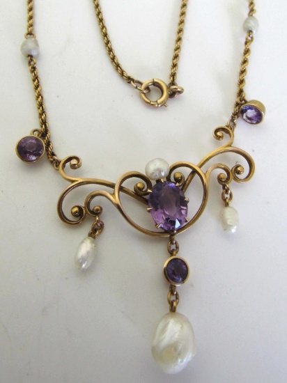 AMETHYST NATURAL PEARL NECKLACE 14K GOLD ANTIQUE