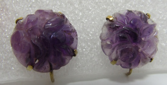 WL CARVED AMETHYST EARRINGS ANTIQUE 10K GOLD