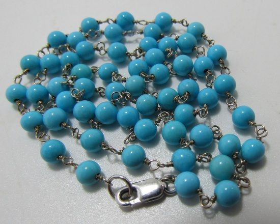 14K WHITE GOLD PERSIAN TURQUOISE NECKLACE 4MM BEAD