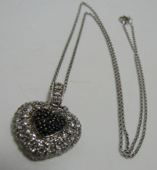 14K WHITE GOLD NECKLACE BLACK & WHITE CZ MEDA