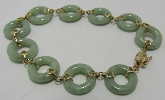 HN GREEN JADE BRACELET 14K GOLD JADEITE LINK CHAIN
