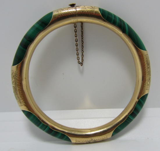 14K GOLD MALACHITE BANGLE BRACELET HINGED