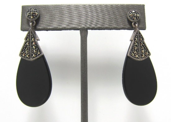 LARGE BLACK MARCASITE STERLING SILVER EARRINGS