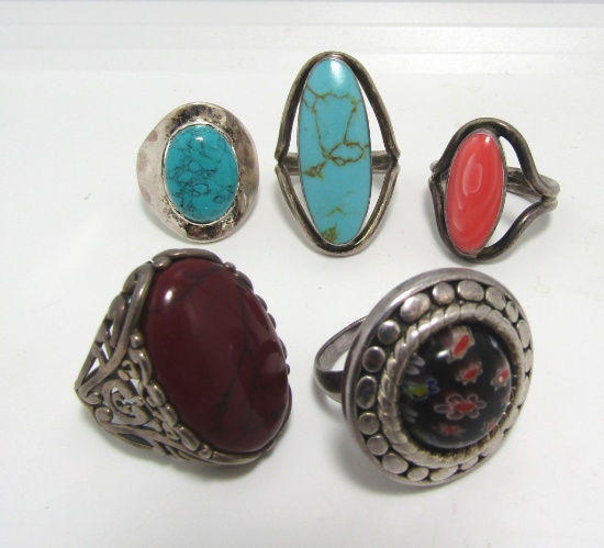 LOT OF 5 LARGE STERLING SILVER RINGS MILLEFIORI S8