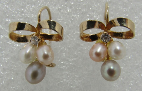 PEARL DIAMOND EARRINGS 14K GOLD BOW