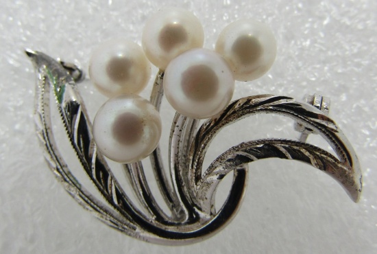 5 PEARL PIN STERLING SILVER BROOCH