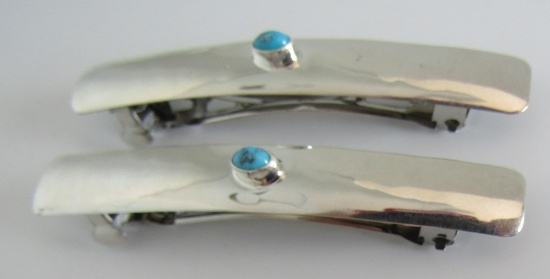 2 TURQUOISE HAIR CLIPS BARETTES STERLING SILVER