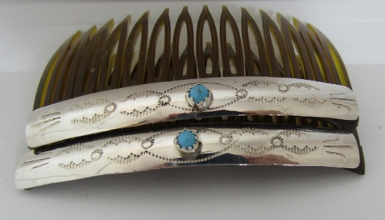 2 TURQUOISE HAIR COMB CLIPS STERLING SILVER