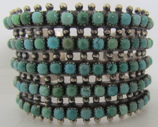 5 ROW SNAKE EYE TURQUOISE CUFF BRACELET STERLING