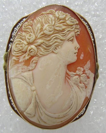 14K GOLD CARVED CAMEO PIN PENDANT FILIGREE