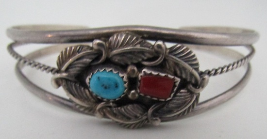 TURQUOISE CORAL CUFF BRACELET STERLING SILVER