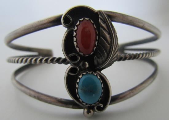 TURQUOISE CORAL CUFF BRACELET STERLING SILVER