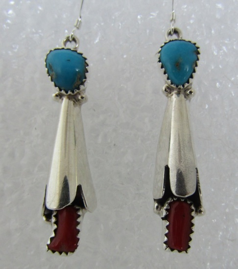 KINGMAN TURQUOISE CORAL EARRINGS STERLING SILVER