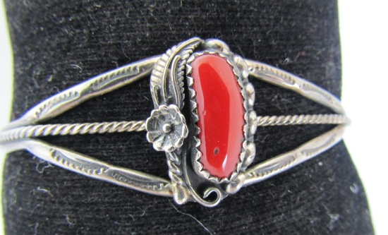 CORAL SQUASH BLOSSOM CUFF BRACELET STERLING SILVER