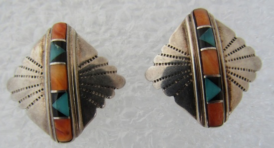 TURQUOISE SOS EARRINGS STERLING SILVER INLAY