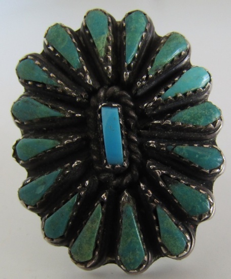PETIT POINT TURQUOISE RING STERLING SILVER CLUSTER