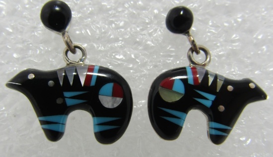 INLAY TURQUOISE BEAR EARRINGS STERLING SILVER