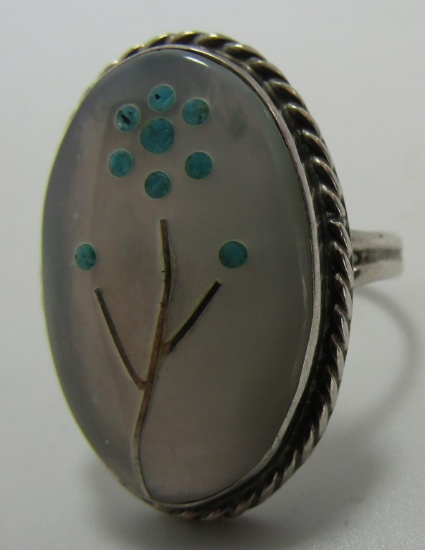 ZUNI MOP TURQUOISE INLAY RING STERLING SILVER