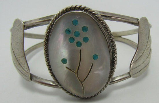 ZUNI TURQUOISE INLAY CUFF BRACELET STERLING SILVER