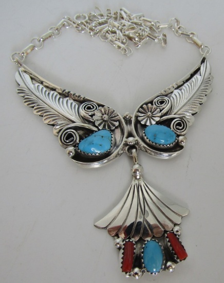 SIGNED H TURQUOISE NECKLACE STERLING SILVER SQUASH