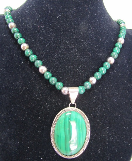 HELEN LONG MALACHITE NECKLACE STERLING SILVER