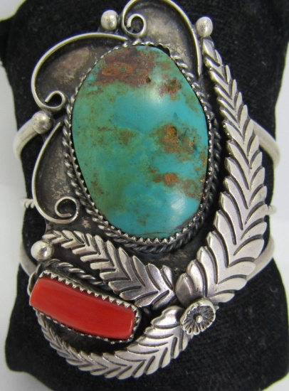 TURQUOISE BRACELET STERLING SILVER SQUASH BLOSSOM
