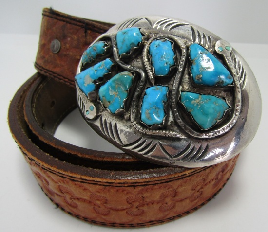 EFFIE C TURQUOISE BELT BUCKLE STERLING SILVER 122G