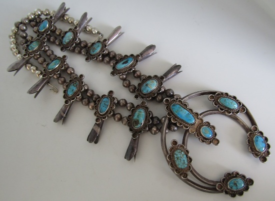 SQUASH BLOSSOM TURQUOISE NECKLACE STERLING SILVER