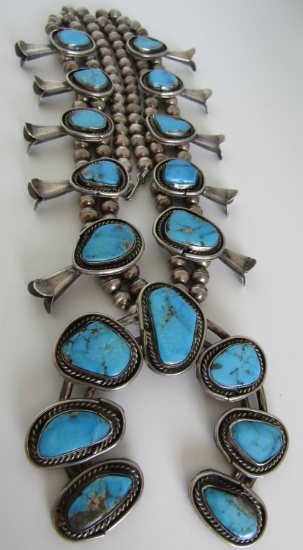 SQUASH BLOSSOM TURQUOISE NECKLACE STERLING SILVER