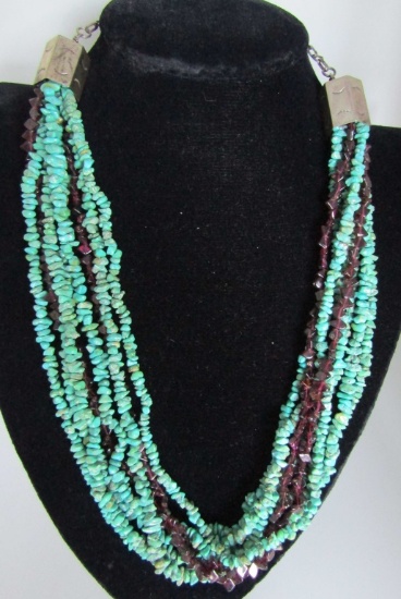 BAHE FOX TURQUOISE GARNET NECKLACE STERLING SILVER