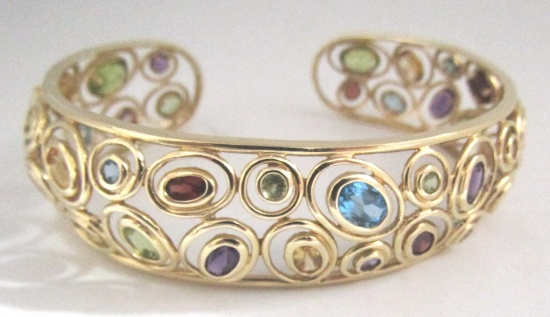 14K GOLD CUFF BRACELET TOPAZ GARNET PERIDOT 22g