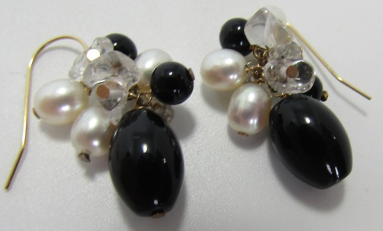14K GOLD PEARL ONYX EARRINGS GEMSTONE CLUSTER