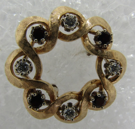 .25CT VS DIAMOND GARNET 14K GOLD CIRCLE PIN BROOCH