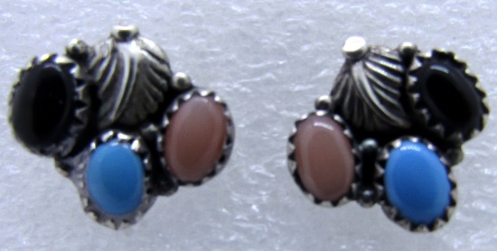 SIGNED RB TURQUOISE EARRINGS STERLING SILVER CORAL
