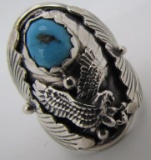 MARTINEZ EAGLE TURQUOISE RING STERLING SILVER SZ12