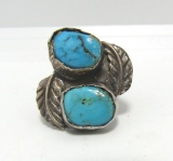 OLD PAWN TURQUOISE STERLING SILVER TWO STONE RING