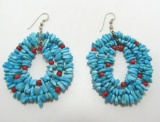 TURQUOISE RED CORAL THREE STRAND STERLING EARRINGS