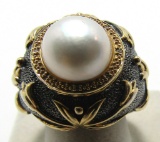 MABE PEARL RING DIAMOND GOLD N STERLING SILVER